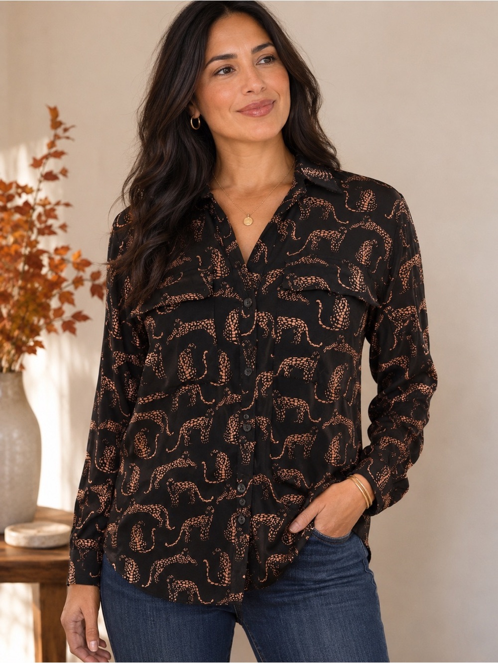 Milk & Honey Button Front Shirt Womens M Black Good Copper Leopard Print